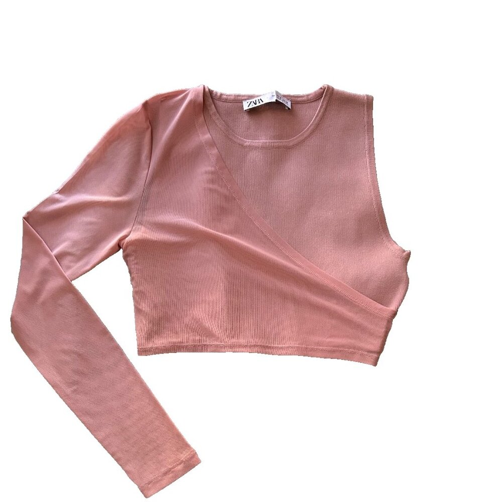 ZARA CROPPED PINK MESH LONG SLEEVE KNIT PARTY TOP SMALL NWOT